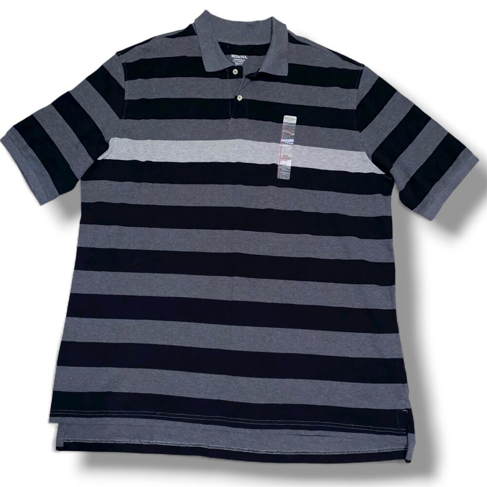🥗 NEW Merona Polo Shirt Size XXL Black and Grey Striped Pullover Short Sleeves